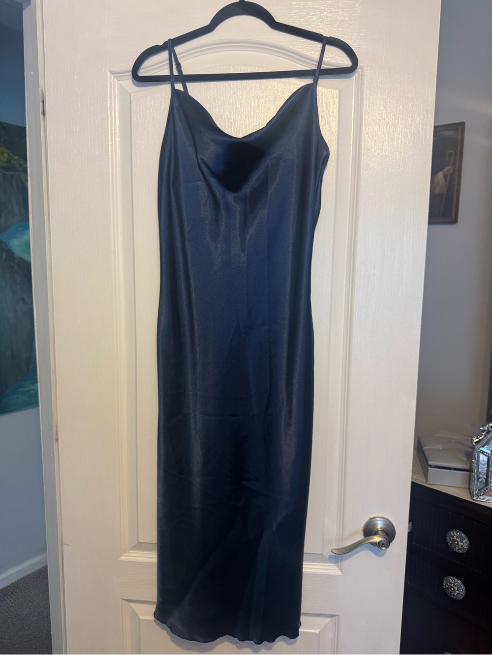 BEBE Satin Midi Slip Dress in Beautiful Dark Teal Blue